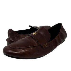 Tory Burch Dark Brown Leather Slip-On Loafers with Gold Logo